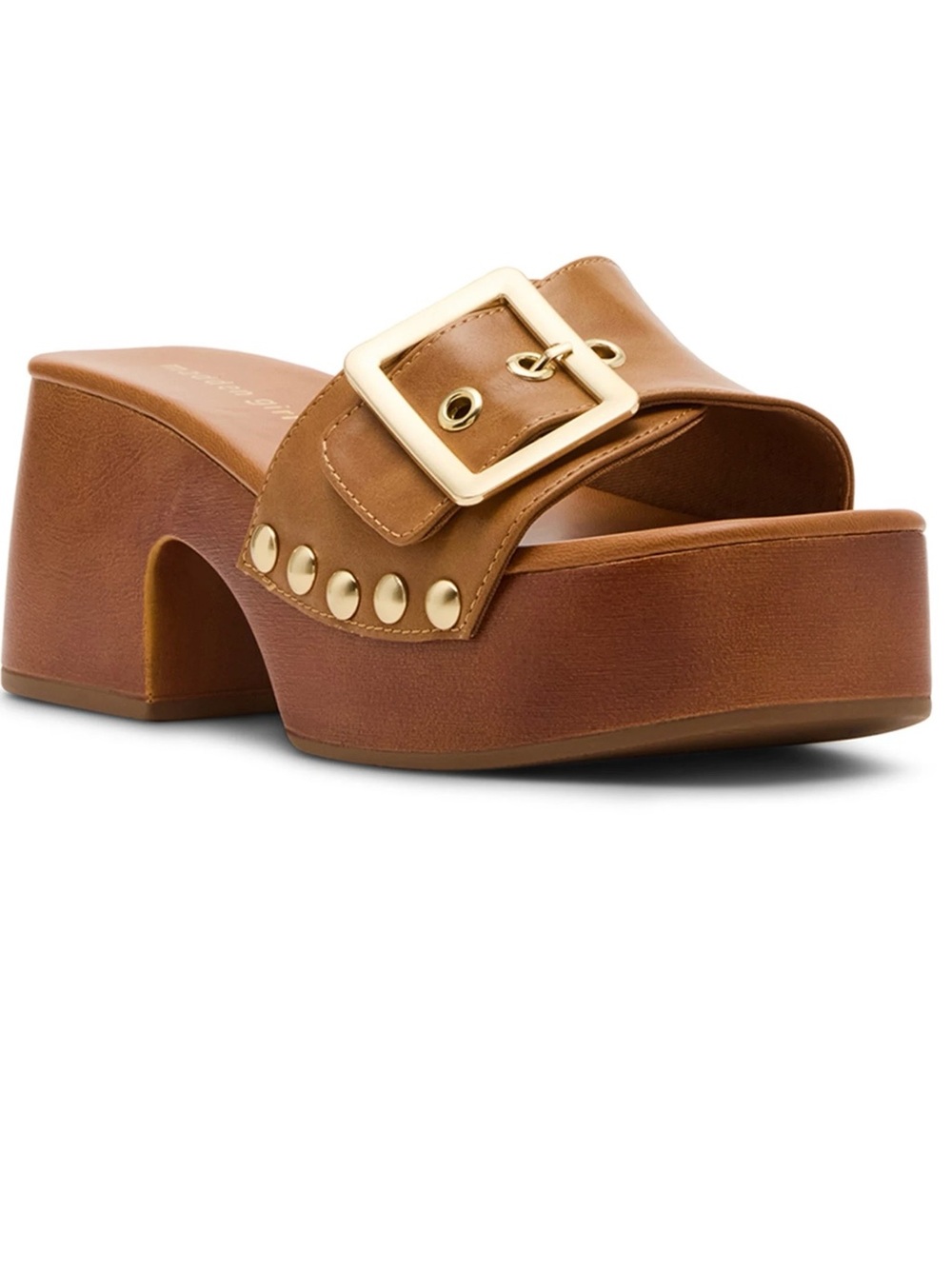 Madden Girl Tan Slide Sandals with Oversized Buckle - Picture 1 of 7